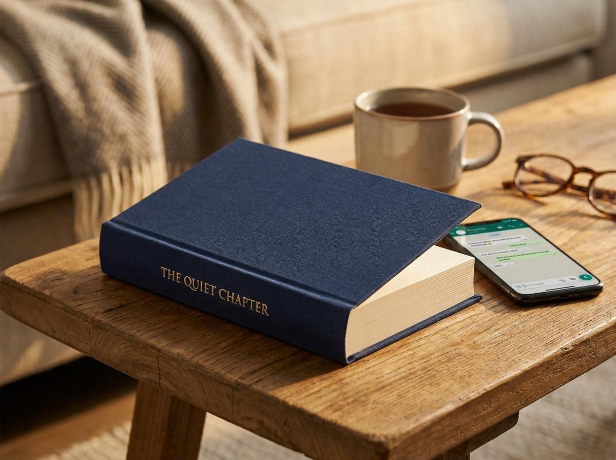 Beautiful hardcover book with phone showing WhatsApp voice message